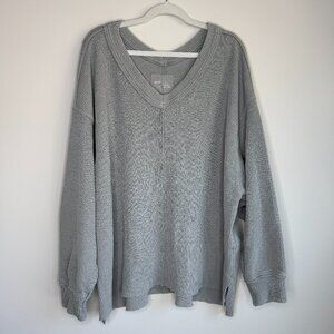 Aerie Oversized Textured V-Neck Pullover Sweatshirt Gray
